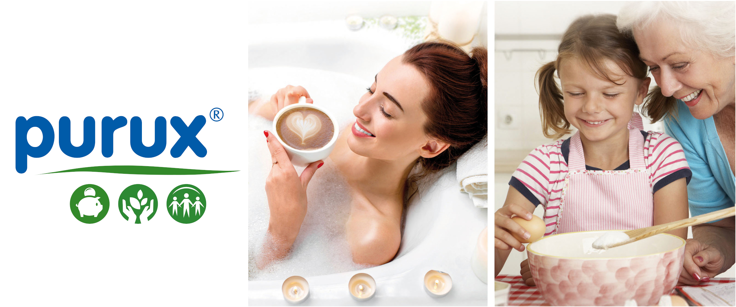 Purux Logo. Eine frau entspannt in der Badewanne und trinkt Caffè. eine ältere Dame backt mit ihrer Enkelin